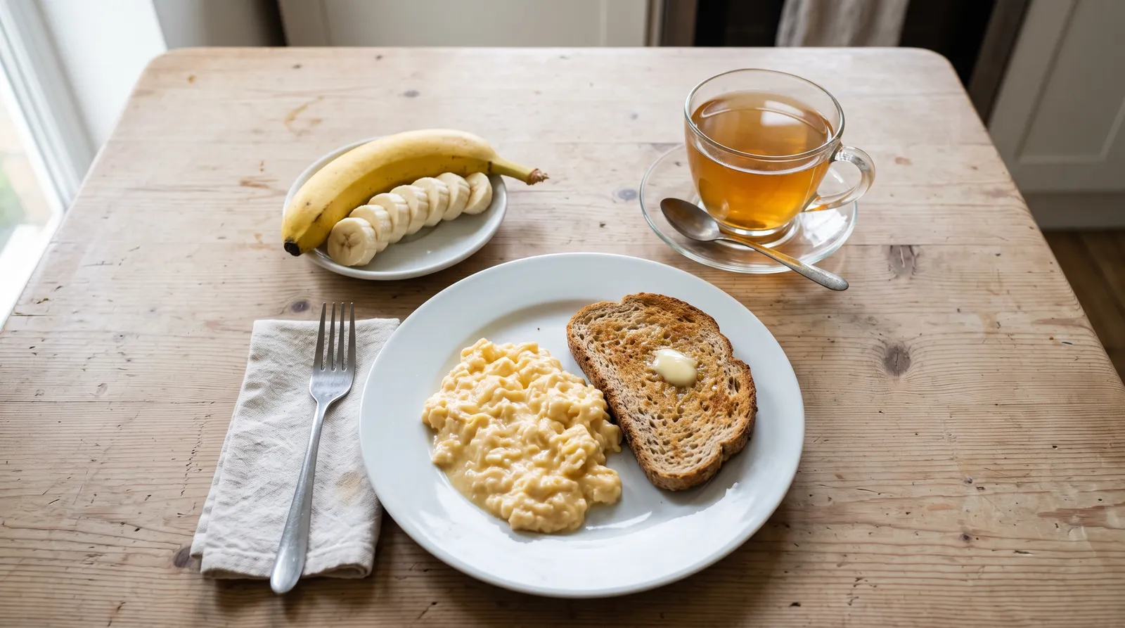 Desayuno sencillo sobre una mesa de madera: huevo revuelto con una tostada, un plátano cortado y una infusión