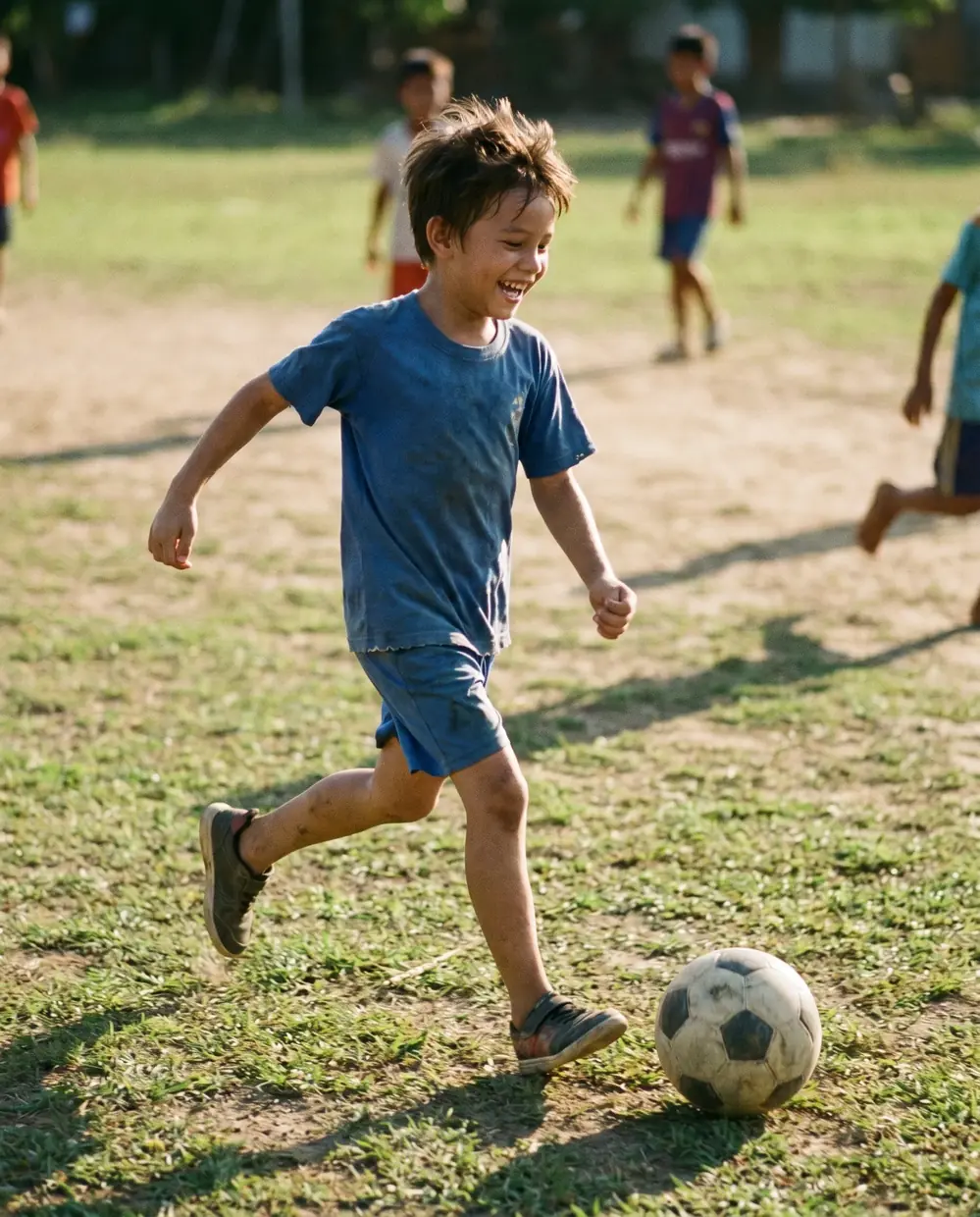 Niño jugando al fútbol; revisar su pisada al empezar a practicar deporte, podología infantil en Madrid