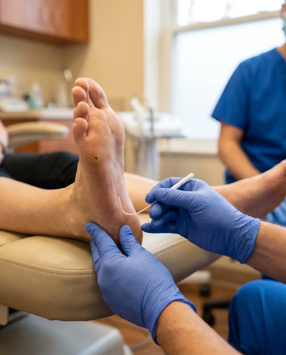 Podólogo valorando la sensibilidad del pie de un paciente con neuropatía diabética