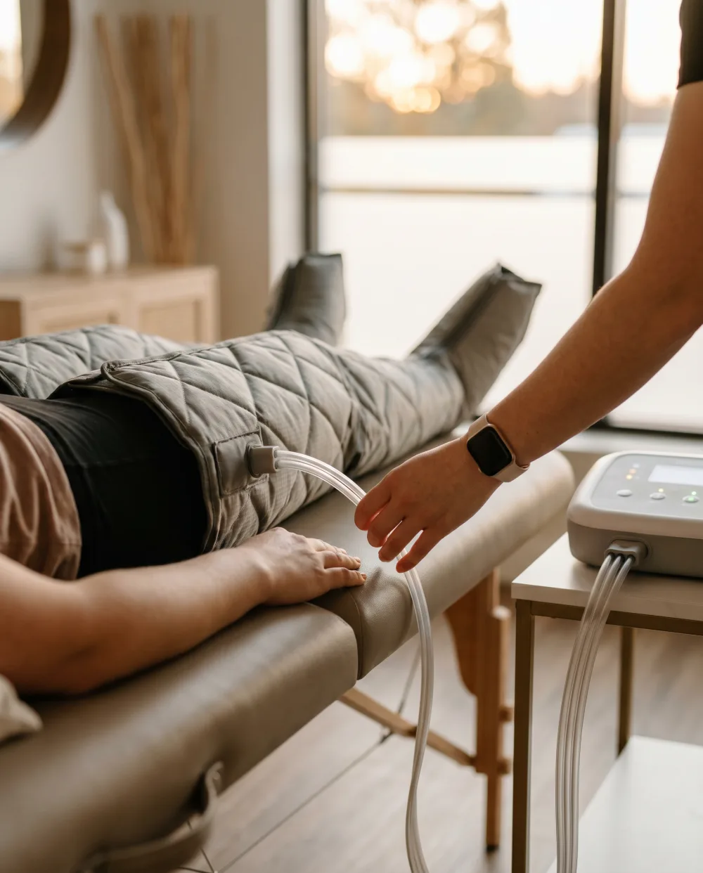 Sesión de presoterapia con botas de compresión para aliviar las piernas pesadas y activar la circulación
