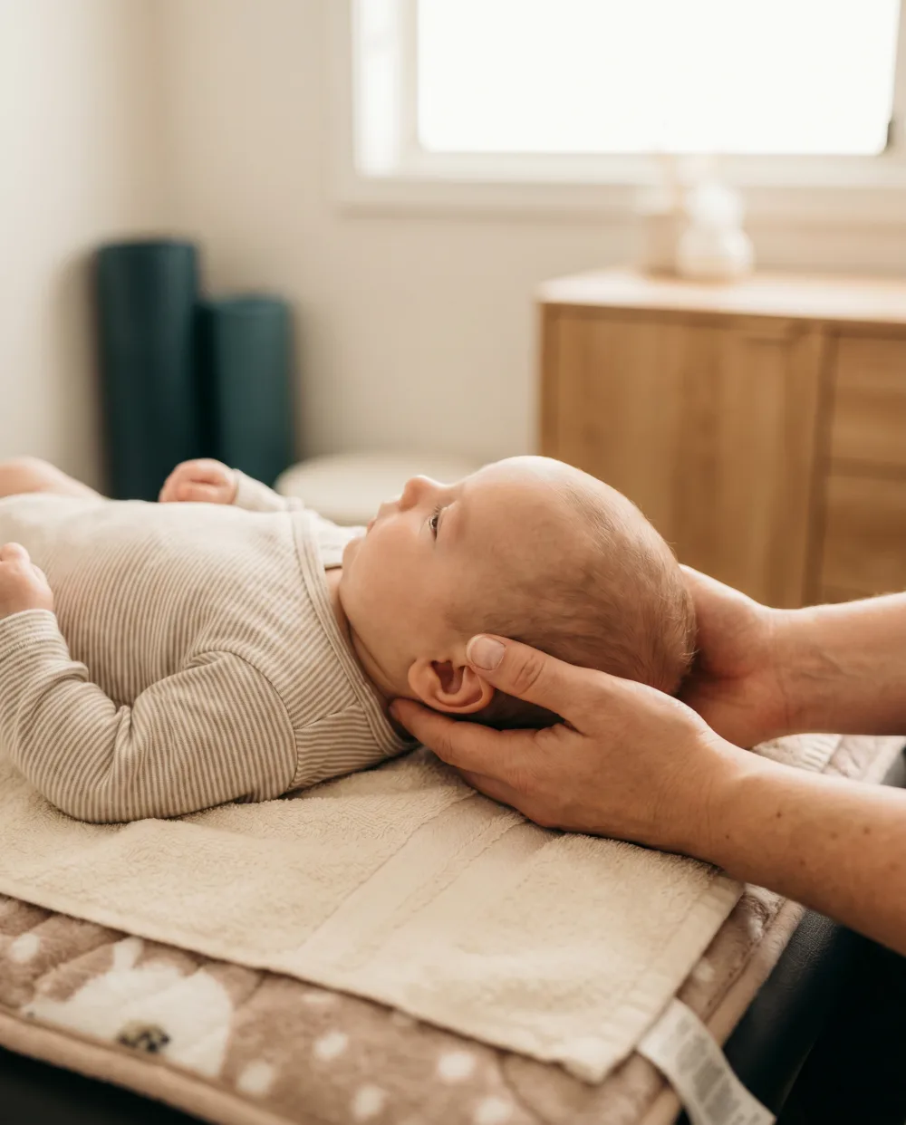 Tratamiento osteopático de la tortícolis de un bebé con técnica suave