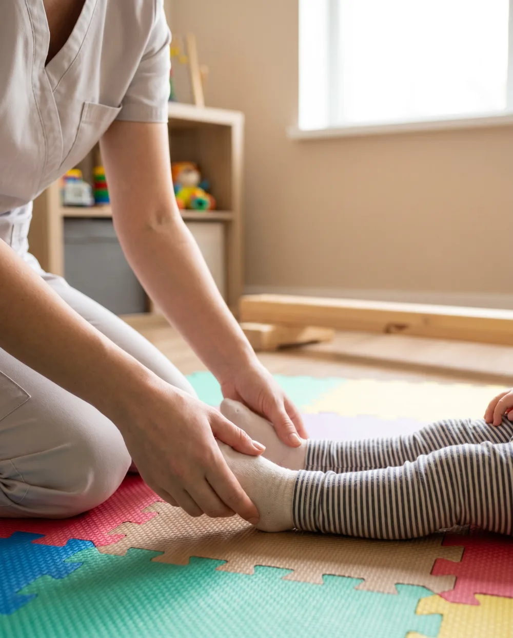 Fisioterapeuta pediátrica acompañando el desarrollo motor de un niño que aprende a caminar en Madrid