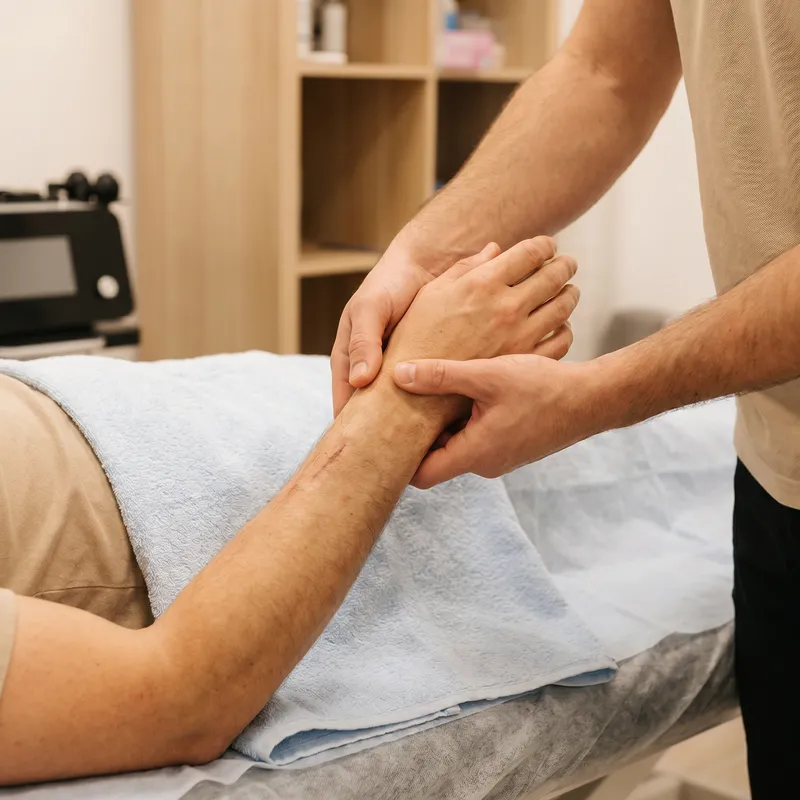 Fisioterapeuta movilizando la muñeca de un paciente tras una fractura en Madrid