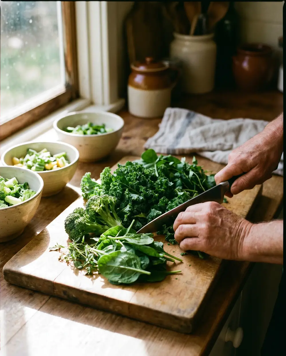 Manos preparando verdura fresca y hojas verdes ricas en fibra en la cocina, nutrición digestiva para regular el tránsito intestinal en Madrid
