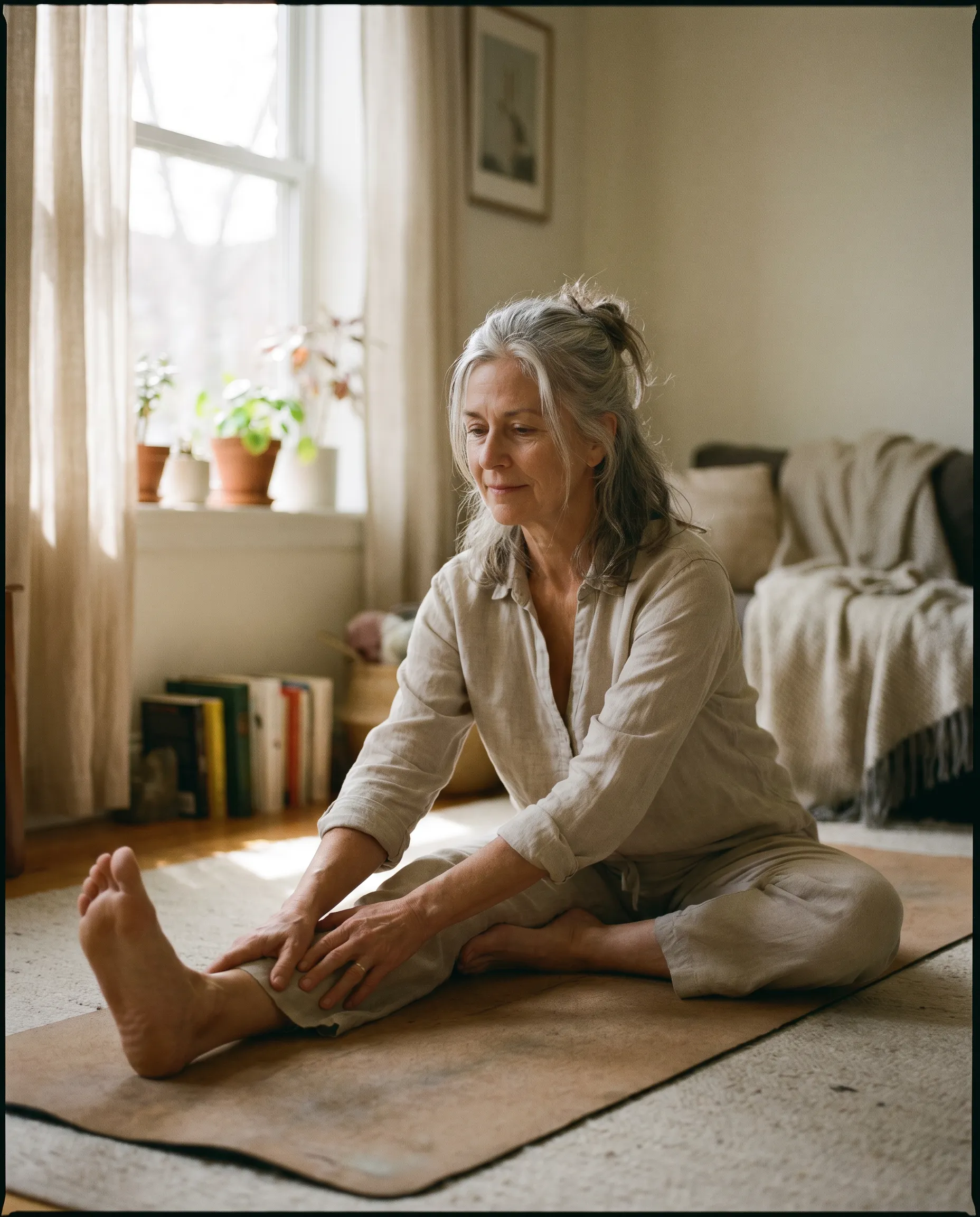 Mujer haciendo yoga en casa en la menopausia, bienestar y salud ósea, nutrición hormonal en Idónneo, Madrid