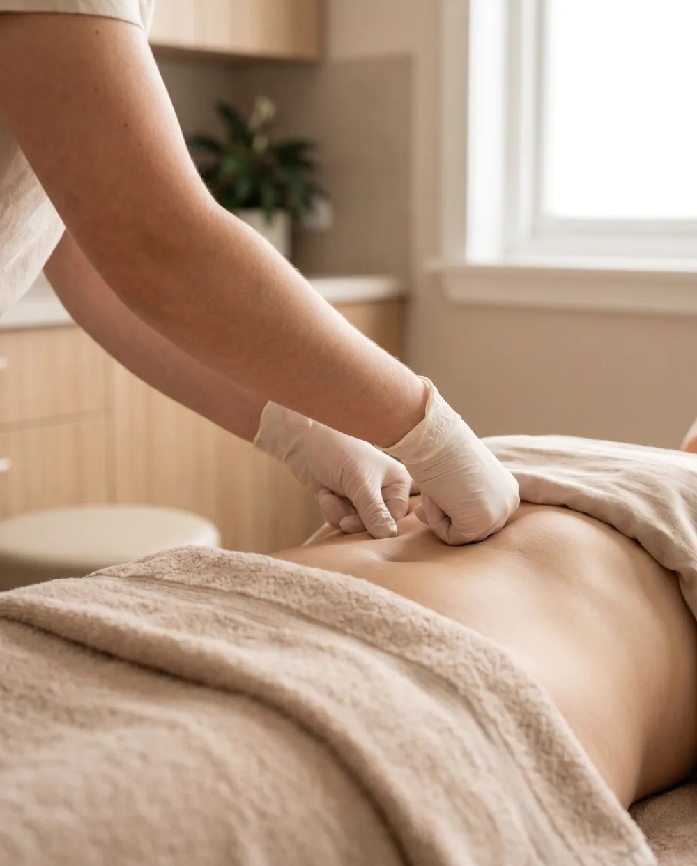 Técnica de osteopatía visceral sobre el abdomen para aliviar molestias digestivas en Madrid