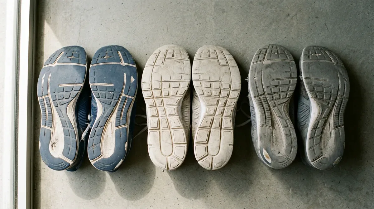 Tres pares de zapatillas de running usadas, boca arriba, con el desgaste de la suela a la vista